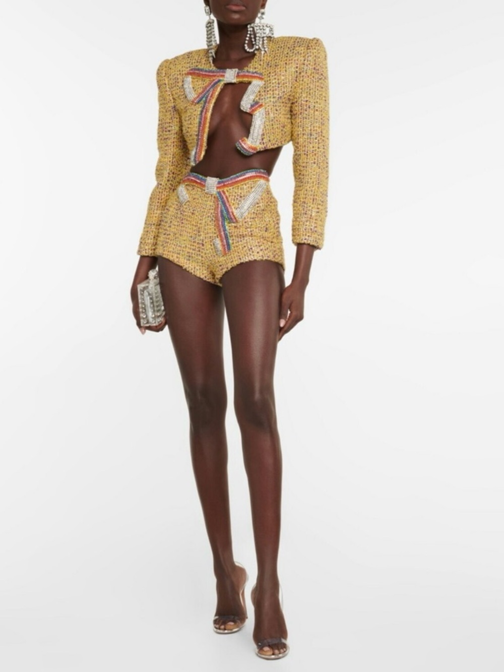 AREA Yellow Tweed High-Waist Shorts with Multicolor Trim